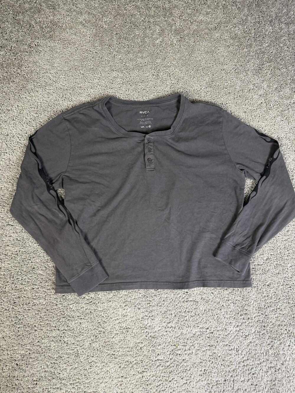 RVCA Shirt Mens L Gray Long Sleeve Henley Button Flame Back Graphic Cotton